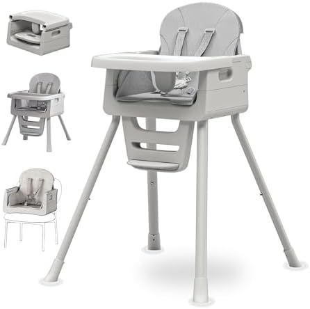 3-in-1 High Chair for Babies and Toddlers, Infant to Toddler Seating&Dining | Easy Clean Convertible Portable Dishwasher Tray 5-Point Harness Stable Non-Slip Feet Waterproof Seat Pad Grey