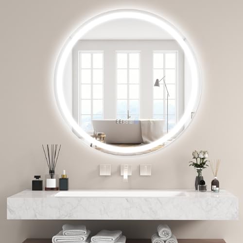 COSTWAY 600mm/800mm Round Bathroom Mirror with LED Lights, Illuminated Wall Mounted Vanity Mirror with 3-Color Dimmable & Touch Switch, Anti-Fog Large Circle LED Makeup Wall Mirror, IP44 (800x800mm)