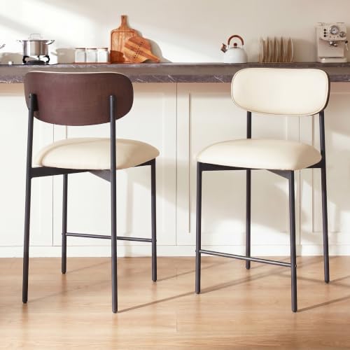 Image of GrandNoor Modern Bar Stools Set of 2, 24 Inch Upholstered Beige Faux Leather Counter Height Stools with Curved Backrest & Metal Legs, Wood Grain Back Bar Chairs for Kitchen Island