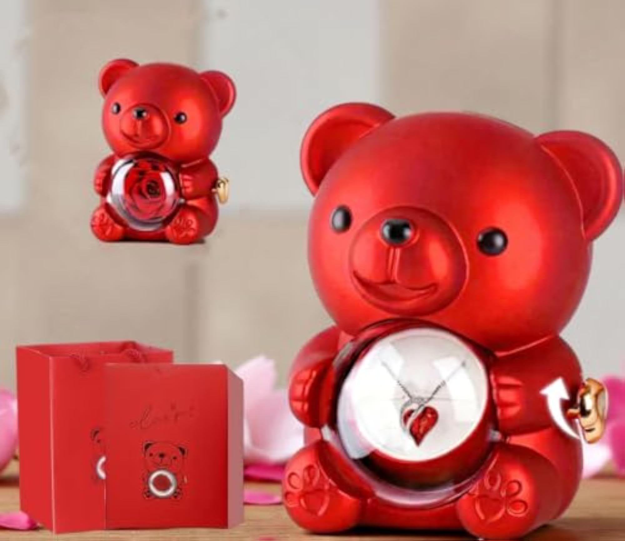 Cute Teddy Shape Ring Box with 360 ° Rotating Preserved Rose