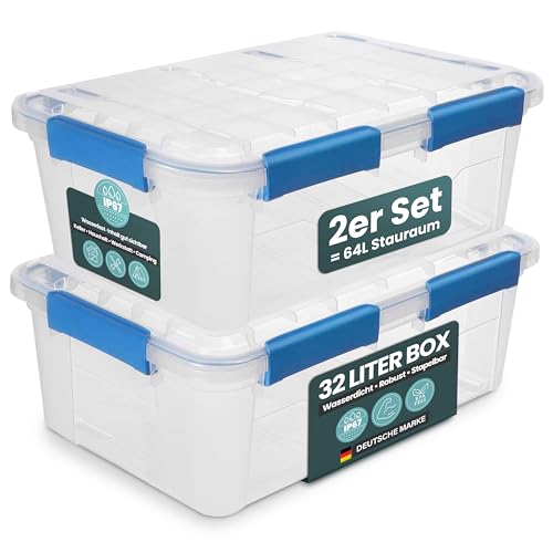Kreher® Aufbewahrungsbox 32 Liter mit Deckel – wasserdicht &...
