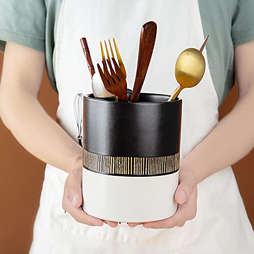 Moladri Kitchen Utensil Holder For Countertop,5" Ceramic Utensils Crock,Large Vintage Organizer For Storing Cooking,Heavy Spatula Holders,Farmhouse Tool Caddy, Home Counter Organizing Decor (Black) #TOP2