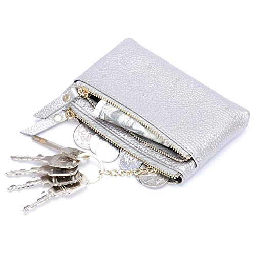 IMBM Leather Coin Purse with Key Ring - Triple Zipper Card Holder Wallet Coin Pouch (Color : Silver)
