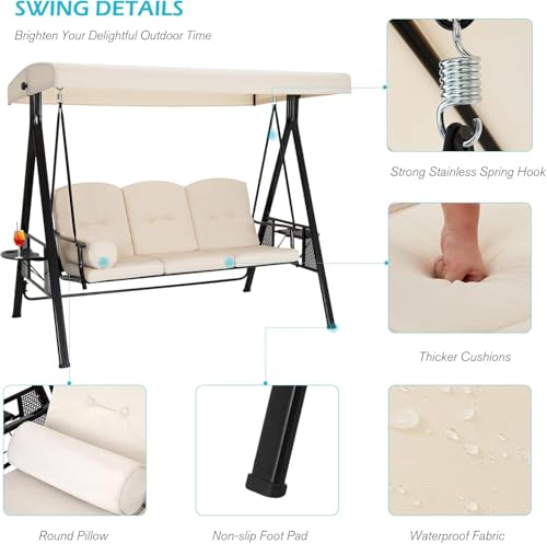 AECOJOY Outdoor Porch Swing, 3-Seat Porch Swing with Adjustable Canopy, Outdoor Swings for Adult with Beige Removable Cushions for Backyard, Garden, Yard, Poolside, Balcony