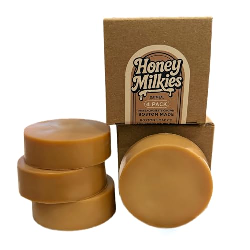 Goat Milk Soap with Tallow – Honey Milkies Oatmeal 4-Pack (3.3oz Bars) – Cold Process, Handmade in Boston – Natural Face & Body Soap with Grass Fed Tallow, Lard, Raw Honey & Goat Milk (Oatmeal)