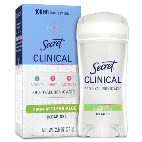Image of Secret Clinical Strength 100HR Sweat & Odor, Clear Gel Antiperspirant Deodorant for Women, 3X Stress Protection with Pro-Hyaluronic Acid, Ph Balancing Minerals, Clear Aloe Scent, 2.6 oz