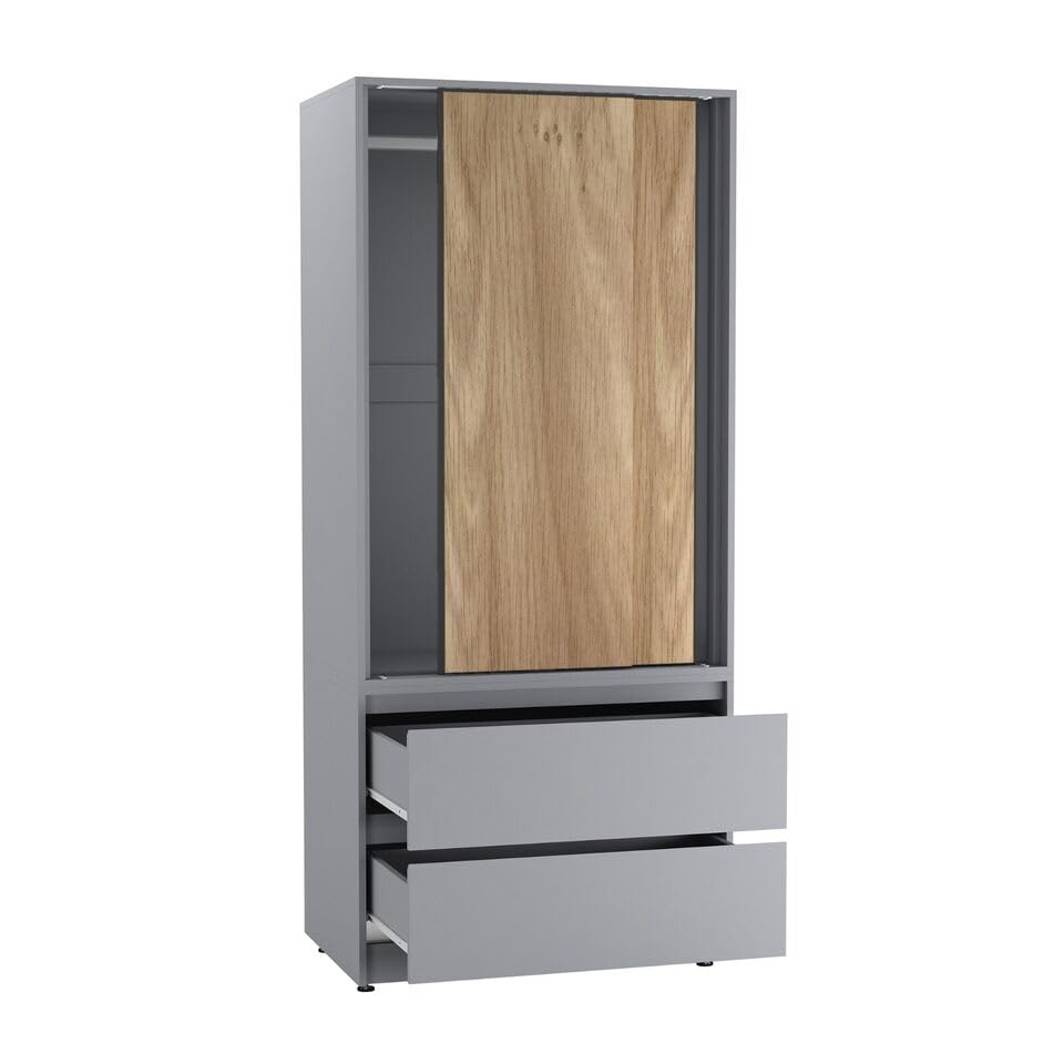 URBNLIVING 2-Door 2-Drawer Sliding Wardrobe, Modern Bedroom Storage Cupboard with Hanging Rail, Smooth Silent Sliding Doors, Adjustable Feet, Safety Wall Fixing and Mix or Match Carcass & Door Colours