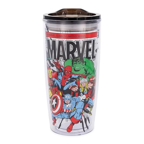 Silver Buffalo Marvel Avengers Featuring Spider-Man, Captain America, Thor, Hulk, and Iron Man Double Wall Travel Tumbler with Slide Close Lid, 20 Ounces