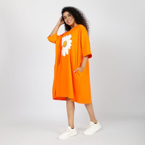 Image of LAMA STORE Women's Printed Oversized T-Shirt Dress, Cotton, 3 /4 Sleeve Length, Casual Loose Fit, Comfort Wear Extra Comfy Oversized Printed Pocket T-Shirt Dress