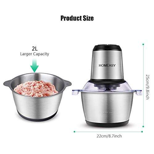 Homeasy Meat Grinder, Food Chopper 2L Stainless Steel Food Processor for Meat, Vegetables, Fruits and Nuts, Stainless Steel Bowl and 4 Sharp Blades, 350W, 8 Cups (2L) - Thumbnail 2