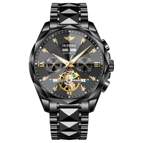 Image of OUPINKE Watch for Men Skeleton Self Winding Mechanical Automatic Luxury Dress Black Wrist Watch Waterproof Luminous Tungsten Sapphire Crystal