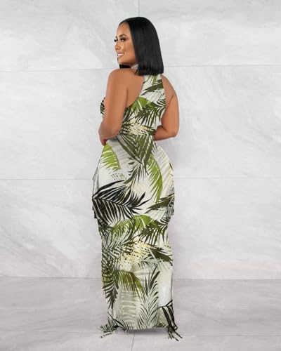 Image of 2 Piece Outfits for Women Sexy Halter Neck Sleeveless Crop Tops Ruched Bodycon Dresses Jumpsuits Fringe Skirt Sets