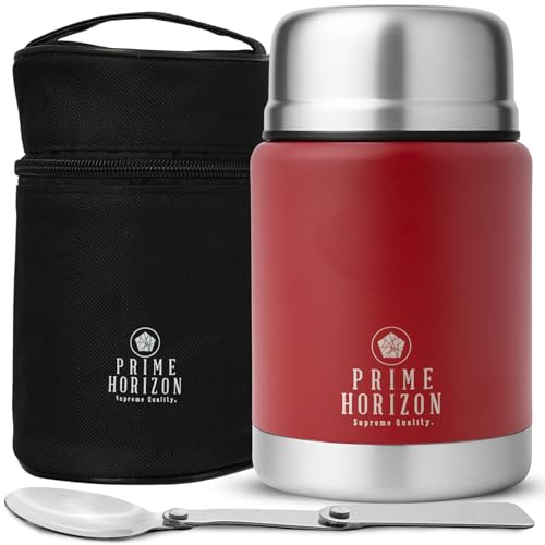 Prime Horizon Food Flask - 500ml Stainless Steel Vacuum Double Wall Jar with Folding Spoon, Leakproof and BPA Free. Free Insulated Travel Bag with Carabiner and Gift Box (Red)
