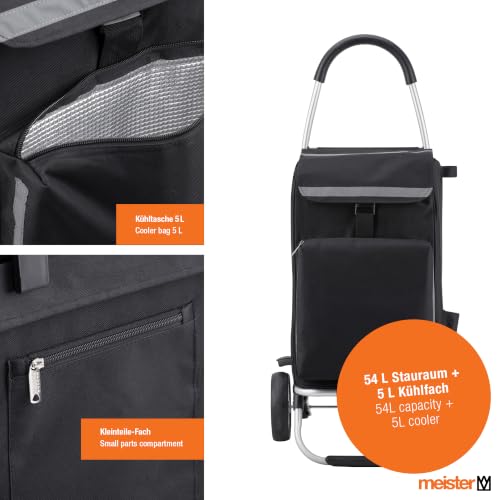 Foto von Meister Einkaufstrolley Schwarz, 54 + 5 L – Klappbarer Einkaufsroller mit großen Reifen & Kühlfach – Abnehmbare, regenfeste Tasche – Mit Aufhängung für Einkaufswagen