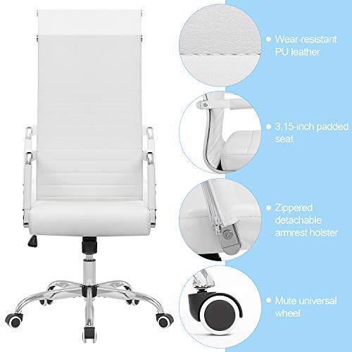 Kaimeng Ribbed Office High Back Pu Leather Desk Adjustable Swivel Task Computer Chair With Armrest For Conference Study Leisure, White #TOP3