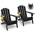 GREENVINES Folding-Adirondack-Chairs-Set-of-2 | HDPE Plastic | Fire Pit Chair | All Weather | Cup Holder | Black | for Deck Backyard Patio Outdoor Garden