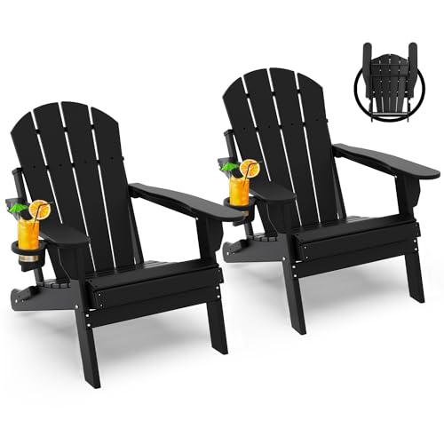 GREENVINES Folding-Adirondack-Chairs-Set-of-2 | HDPE Plastic | Fire Pit Chair | All Weather | Cup Holder | Black | for Deck Backyard Patio Outdoor Gar