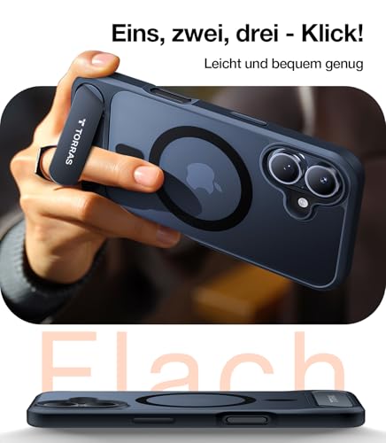 Image of TORRAS Strong Magnetic & Seamless Stand Case for iPhone 16, Military-Grade Drop Protection, Adjustable Kickstand, Slim Anti-Scratch Frosted Matte Black