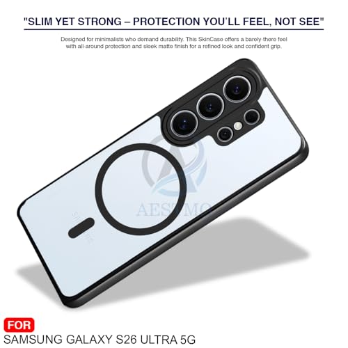 Image of AESTMO Samsung S26 Ultra 5G Back Cover | 360 Protection | Crystal Clear Hard Back Transparent | Compatible with MagSafe Accessories (PC+TPU, Black Bumper)