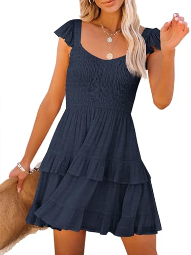 Image of Women Summer Dresses Casual Boho Smocked Ruffle Sun Beach Babydoll Mini Dress Layered Flowy Swing Dress