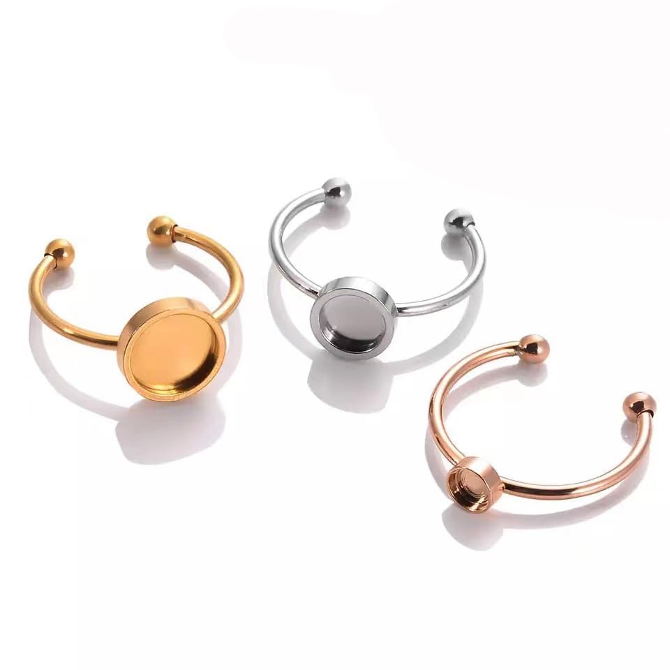 20pcs Open Bezel Cup Ring Blank, Round Cabochon Settings 4-12mm, Adjustable Bezel Ring Base Setting, 18K Real Gold Plated Stainless Steel Blank Tray (Gold 4mm)