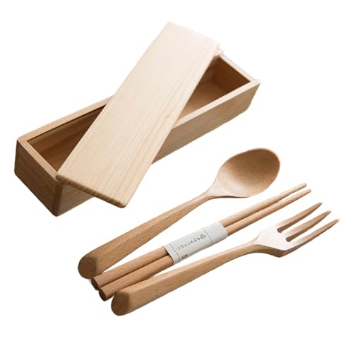 Juego de madera japonesa 3 piezas palillos tenedor cuchara resistente materiales naturales compactos para agencia de viajes vajilla de madera simple