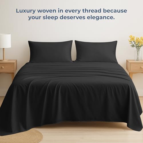 Image of Royale Linens 100% Organic Cotton King Flat Sheet Only - Super Soft - Percale Top Sheets - King Flat Sheet Sold Separately - Breathable, Cool & Crisp Black Sheets Only (105 inch x 102 inch, Black)