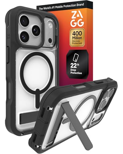 Image of ZAGG Rainier Case with Kickstand for iPhone 17 Pro - Black, Graphene 22ft (7m) Drop Protection, Lanyard Attach Points, MagSafe, Wireless Charging Compatible, 2-Piece Design, Phone Case