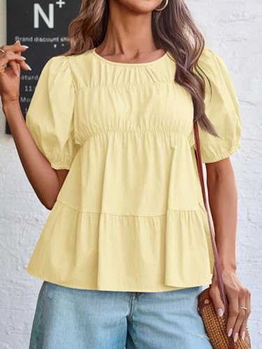 Image of Tankaneo Womens Puff Sleeve Peplum Babydoll Tops Summer Flowy Pleated Cotton T-Shirts Casual Loose Fit Cute Blouse