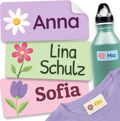 melu kids Namensaufkleber für Kinder - Kleidung & Gegenstände (60 Stück) Kita/Schule - Namensschilder für Kleidung waschmaschinenfest und personalisiert (Blumen)