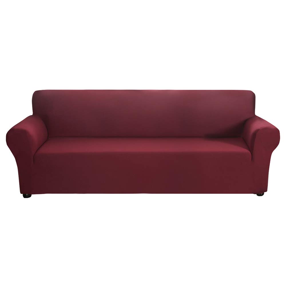 Stretch Sofa Slipcover Milk Silk Fabric Anti-Slip Soft Couch Sofa Cover 4 Seater Washable for Living Room Kids Pets（ Red）