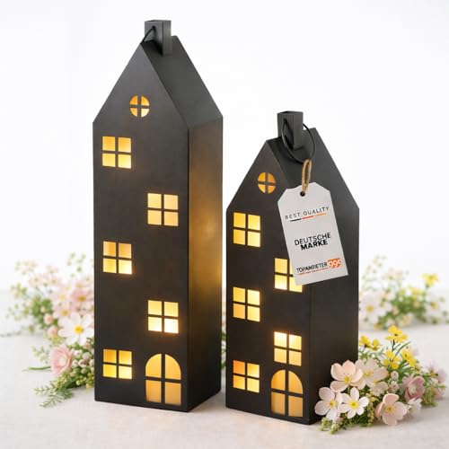 Premium 2er Set Laternen Haus XXL Metall schwarz 66 und 96 cm groß, Laterne Windlicht Indoor, Riesen-Lichthaus mit Henkel & freistehend, Perfekt für Flur, Wohnraum oder Hauseingang
