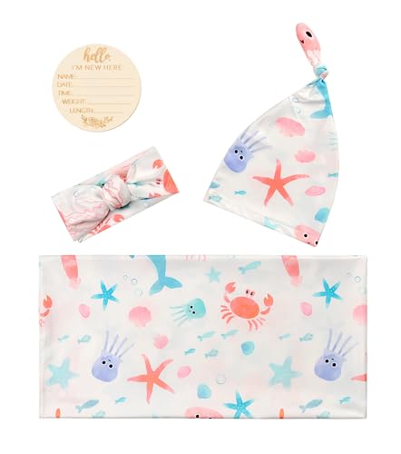 Image of Newborn Swaddle Sets with Headband Beanie and a Name Card Baby Snug Wrap Receiving Blanket for Baby Boys Girls (Blue and Pink Fish)