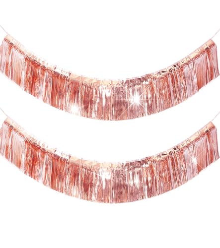 Image of Premium Rose Gold Fringe Tinsel Garland for Party Decorations -4 Layers Thick, 2 Pack | LILF Foil Metallic Banner Party Streamers for Wedding Birthday Christmas Decoration Home Hanging