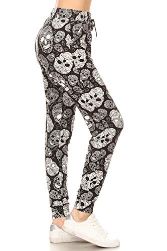 Leggings Depot JGA-S625-L Mustached Skull Print Jogger Pants w/Pockets, Large