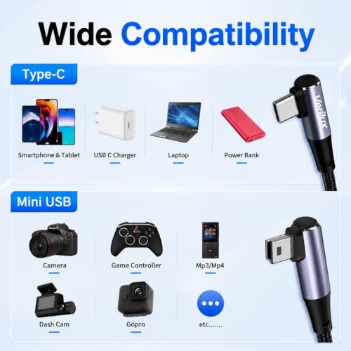 Image of Verilux USB C to Mini USB Cable 90 Degree Right Angle Connector