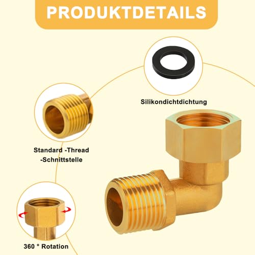 QUNXON 2 Stück Messing Beweglich Verschraubung, 1/2 Zoll Messsing Winkel 90 Grad Mit Silikonring, DN15 90° WinkelverSmstrung, 1/2 IG/AG Versschmaubung Aus Messing für Wasserversorgung, Bodenheizung