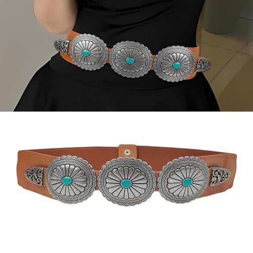 Aesthetic Belt Carved Oval Buckle Belt For Dress Turquoises Waistband Women Western Vintage Waist Cincher Elegant2