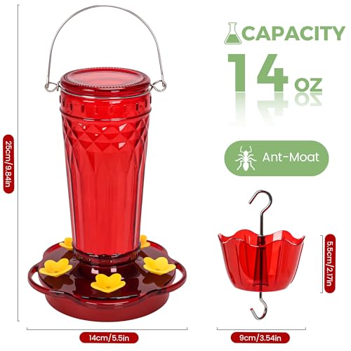 Image of 2 Pack Glass Hummingbird feeders for Outdoors 14Ounces，5 Feeding Ports Hummingbird Feeder,Wide Mouth for Easy Filling /Cleaning，Hanging for Garden Backyard Decor, Includes Ant Moat (Red，2Pack)