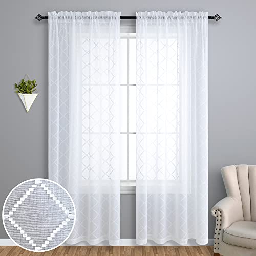 Textured Sheer Curtains 84 Inch Length For Bedroom 2 Panels Set Rod Pocket Geometric Trellis Lattice Pattern Design Light Filtering Semi Sheer Embroidered Curtain & Drapes For Living Room Window White #TOP1