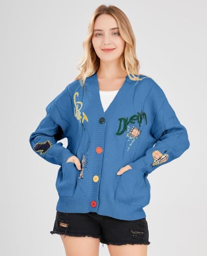 Image of utcoco Womens Open Front Cardigan Cable Knit Long Sleeve Button Down Embroidery Cardigan Sweaters