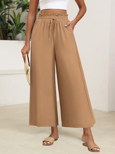 Women's Wide Leg Pants Dressy Casual Palazzo Pants with Pockets High Waisted Adjustable Tie Knot Loosel Pants