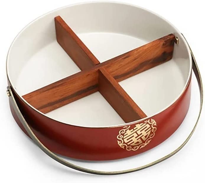 Okrągła ceramiczna taca z pokrywką, przekąską, owocami, 4-komorowa, okrągła, organizer na lunch i jedzenie (kolor: C) (C)