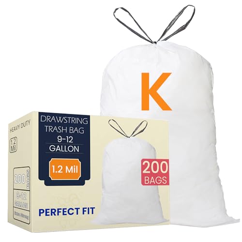 Image of Code K (200 Count) 9-12 Gallon Heavy Duty Drawstring Trash Bags Compatible with simplehuman Code K Garbage Can Liners 35-45 Liter | 1.2 Mil | White