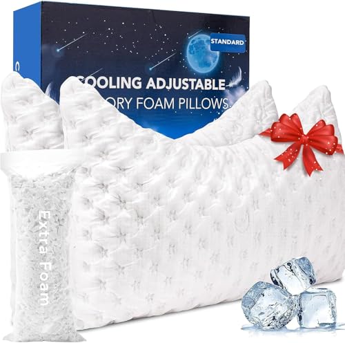 KUCEY Cooling Side Sleeper Pillow for Neck and Shoulder Pain, Luxury Shredded Memory Foam Curved Bed Pillows for Sleeping Set of 2- Adjustable Standard Size- Washable Cover Crescent White