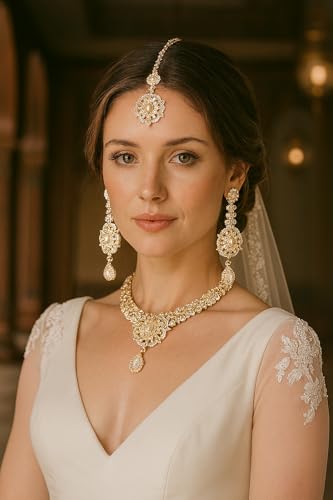Touchstone Indian jewelry sets for women gold wedding tikka necklace set guest costume fancy bridal jewellery rhinestone crystal elegant formal prom evening wear dainty accessories - Image 3