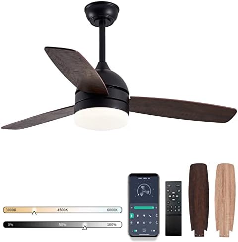 48 Inch Smart Ceiling Fans with Dimmable LED Lights, Black Modern Ceiling Fan with Remote/APP, Outdoor Wood Reversible Blade Ceiling Fans DC Quiet Motor for Living Room Bedroom
