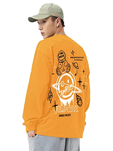 Image of Jump Cuts Mens Printed Round Neck Full Sleeve Black, Yellow Cotton Blend Boxy Fit T-Shirt