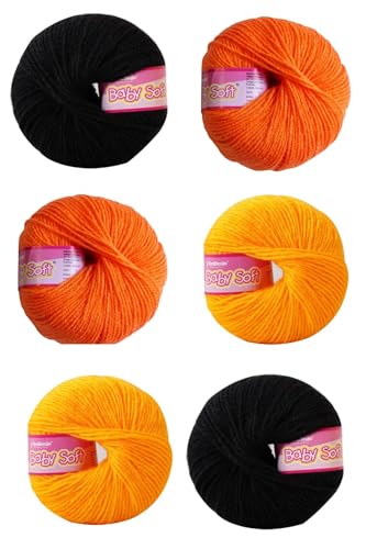 Image of Vardhman BabySoft Knitting Yarn | 100% Acrylic Wool | 4 Ply | Thin Knitting & Crocheting Hook Thread & Lightweight | Special Baby Wool | 150 Grams (6 Balls of 25g) | Machine Washable | Ideal for Blankets, Hats, Booties Ultra-Soft for Baby Sweaters, Blankets, Caps, Socks, Soft toys, Art & craft (Black 21 + Orange 90 + Yellow 38)