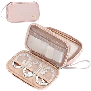 NISHEL Travel Cord Organizer Case, Double Layers Tech Electronic Bag, Essentials for Charger, Cable, Phone, Flash drive, Medium, Pink